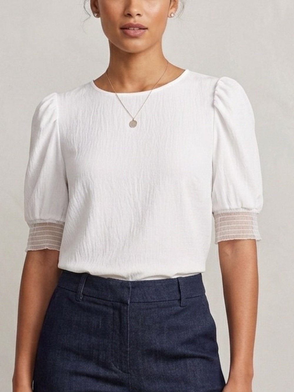 WestMoon White Textured Fabric Lace Puff Sleeve Pullover Blouse L (10/12)